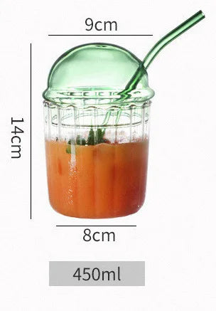 DecorBites™ 450ml Striped Glass Cup with Lid and Straw, Ideal for Coffee, Juice, Milk, or Tea