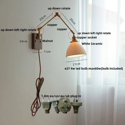 DecorBites™ Ceramic Ball Brass Walnut Wood Wall Light with Pull Chain Switch