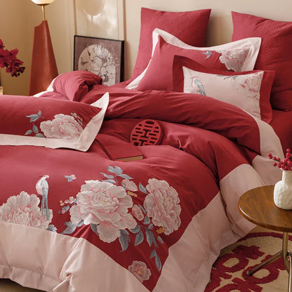 Decobites Luxury Chinese Flowers Embroidery Wedding Bedding Set Pillowcases