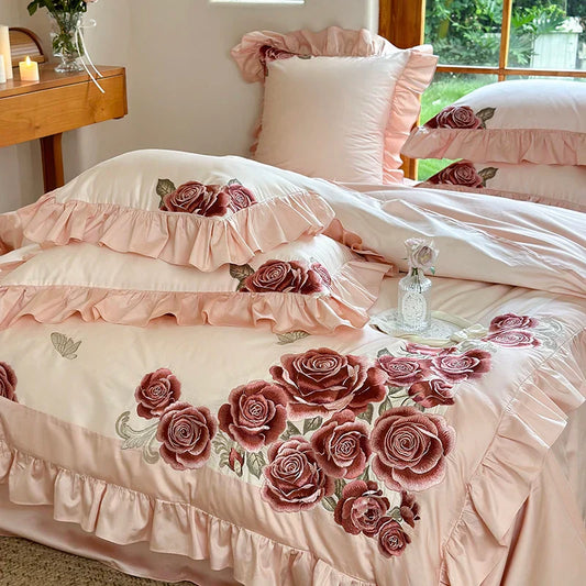 Decobites Butterfly Flowers Embroidery Ruffles Wedding Bedding Set: 1400TC 100% Egyptian Cotton