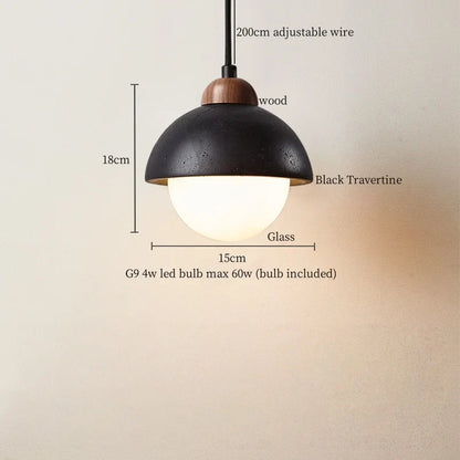 Lámpara colgante LED DecorBites™ con bola de cristal y acabado Wabi Sabi en travertino negro.