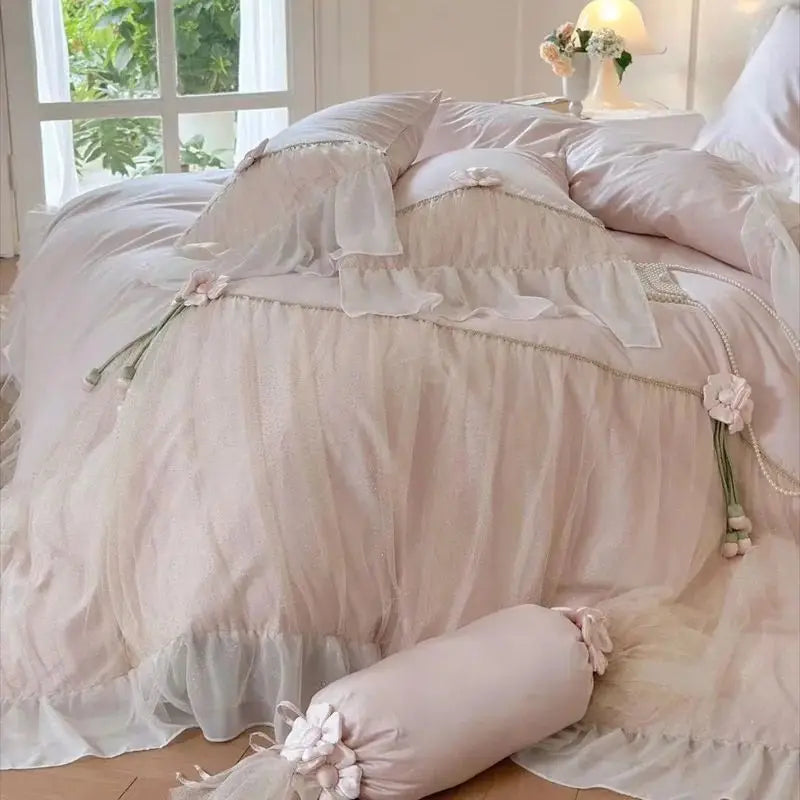 Decobites Princess 1000TC Egyptian Cotton Bedding Set with Handmade Flowers & Lace Ruffles