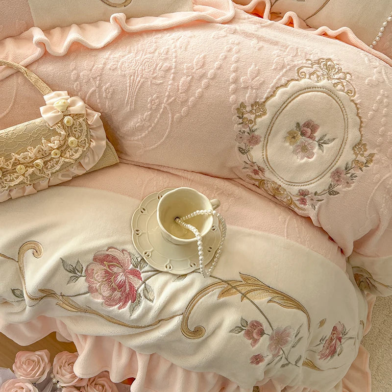 Decobites Vintage French Velvet Lace Embroidery Bedding Set with Ruffles Flowers