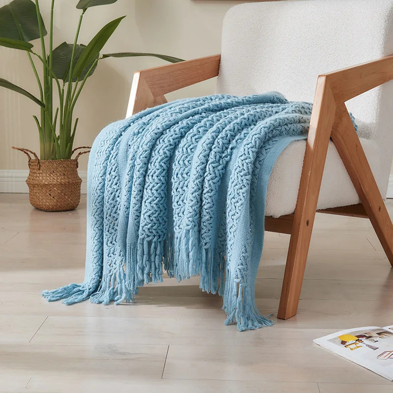 DecorBites™ Knitted Tassels Blanket: Cozy Solid Color for Sofa, Bed, or Homestay
