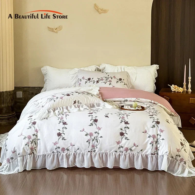 Juego de Ropa de Cama de Algodón Princesa con Volantes de Encaje Decorbites™ , Cubrecama Floral, Textiles para el Hogar de Boda para Niñas
