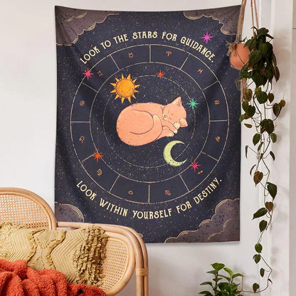 Decobites Tarot Cat Zodiac Astrology Sun Moon Wall Hanging Tapestry for Home Decor