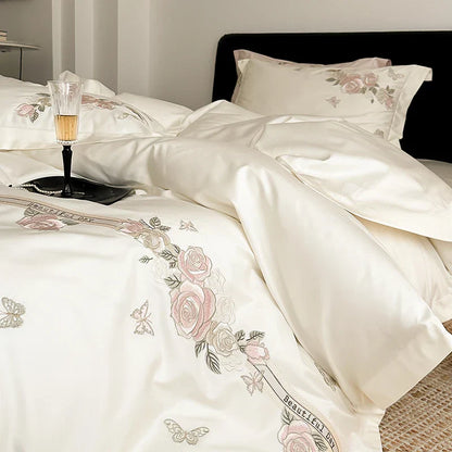 Decobites Vintage Rose Butterfly Embroidery Bedding Set 4Pcs