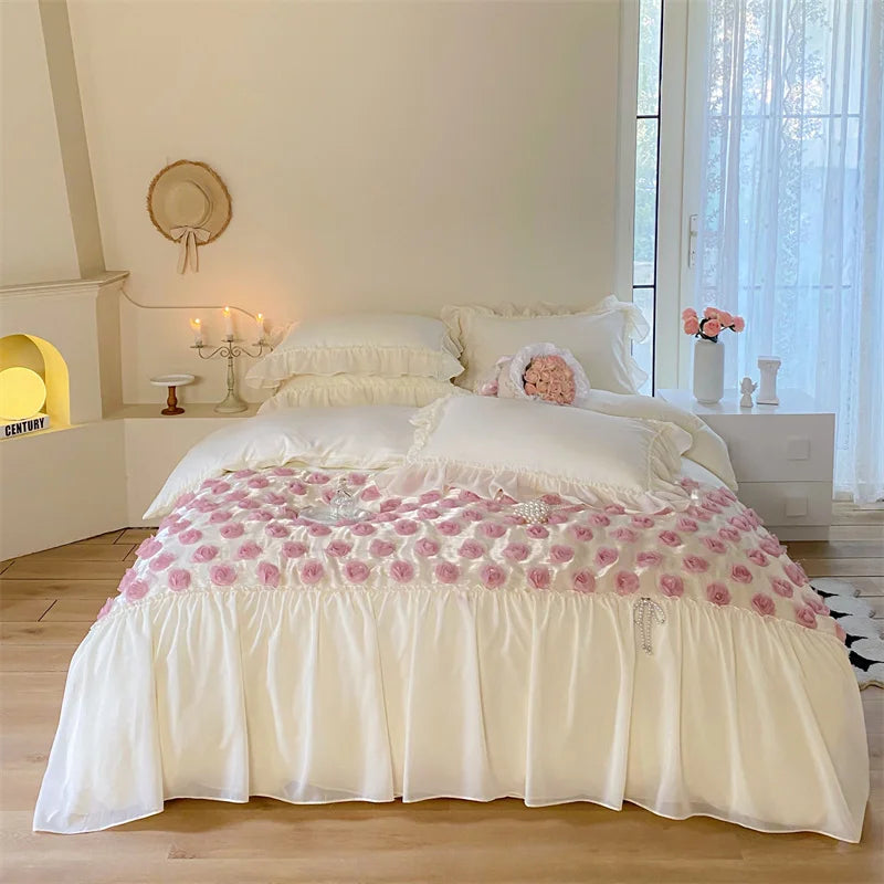 Decobites Romantic Rose Lace Bedding Set: Duvet Cover, Sheet, Pillowcases, Ruffles