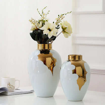 DecorBites™ Gold & White Ceramic Vase for Stylish Home Décor and Flower Display