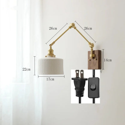 مصباح حائط نحاسي من DecorBites™ مع مفتاح سلسلة سحب، تصميم نورديك، لمبة LED، عاكس ضوء سيراميكي