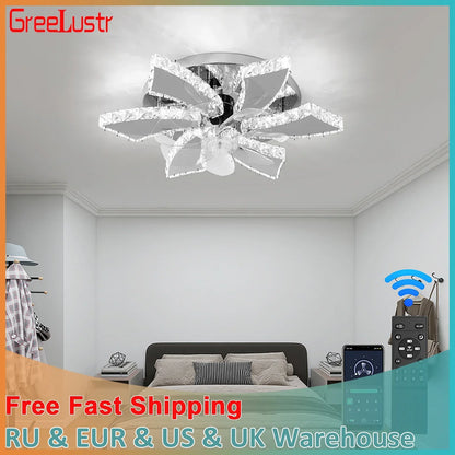 Ventilador de techo DecorBites™ Crystal: Lámpara de araña LED con control remoto para dormitorio y sala de estar
