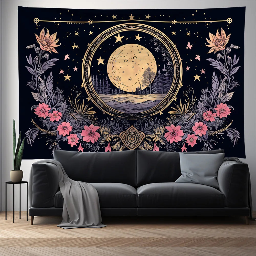 Decobites Moon Phase Nordic Flower Wall Hanging Tapestry