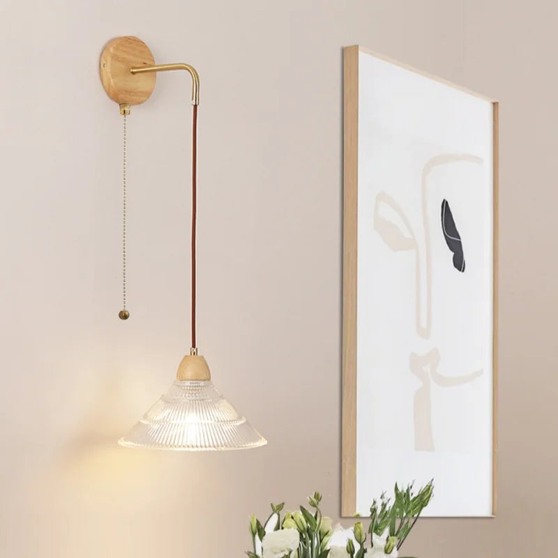 DecorBites™ Clear Glass LED Wall Lights with Wood Pull Chain Switch, Modern Art Bedside Lamp
