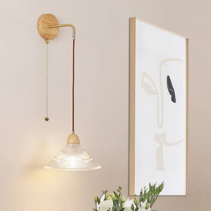 DecorBites™ Clear Glass LED Wall Lights with Wood Pull Chain Switch, Modern Art Bedside Lamp