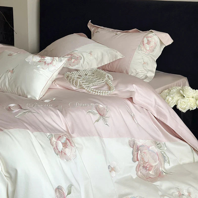 Decobites Pink Flowers Embroidery Luxe Bedding Set: 1000TC Egyptian Cotton Duvet Cover, Bed Sheet, Pillowcases