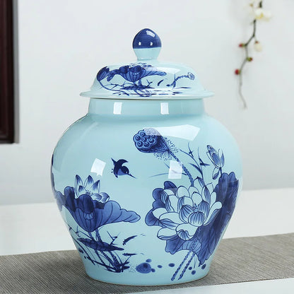DecorBites™ Hand Painted Blue and White Ceramic Tea Canister Jar