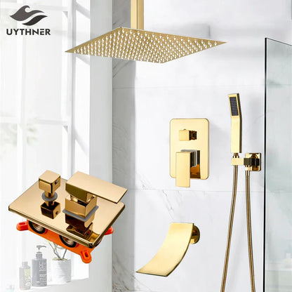 DecorBites™ Gold Rainfall Shower System with Wall Mount Mixer Tap Set