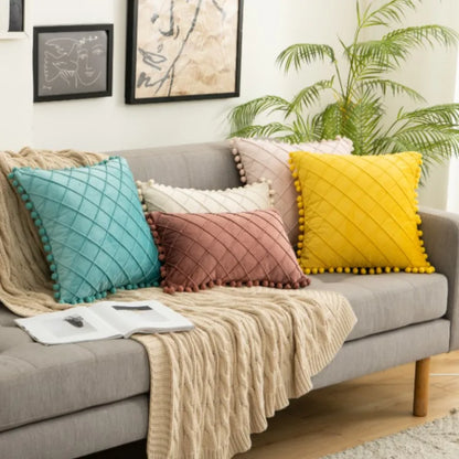 DecorBites™ Corduroy Striped Pompom Pillowcase for Bedroom Sofa Living Room