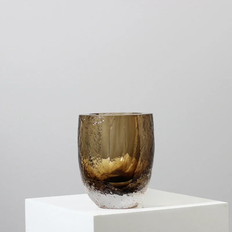 DecorBites™ Brown Glazed Glass Vase Hammer Cut Decorative Handicraft Flower Arrangement Ornaments