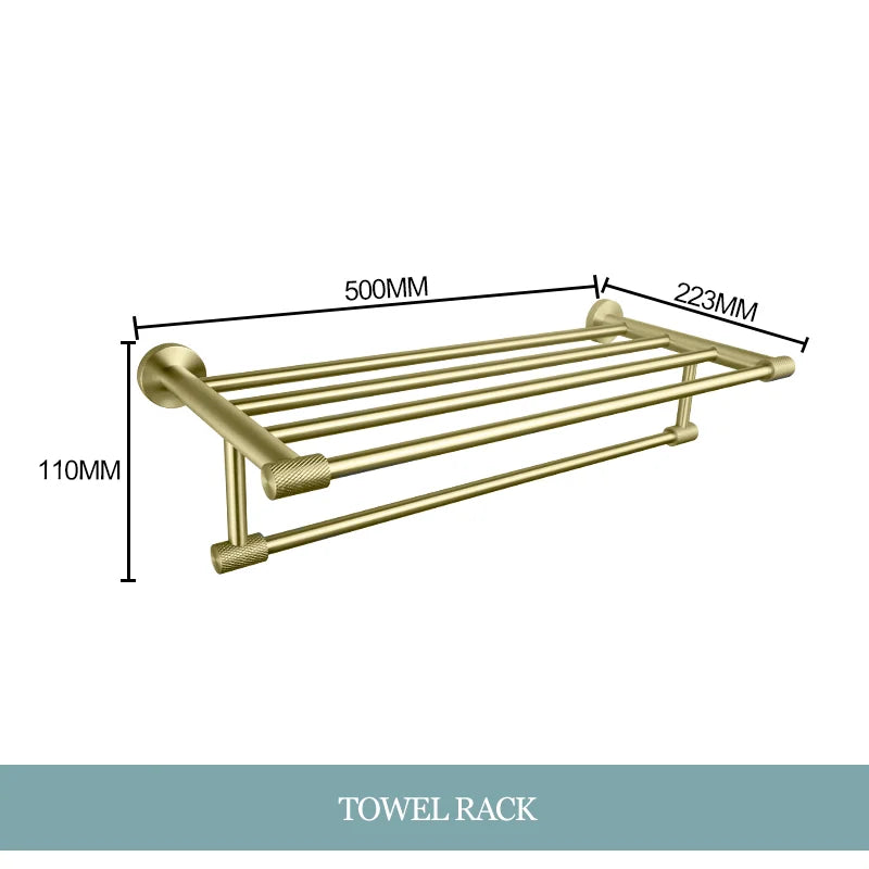 Conjunto de Hardware Decorbites™ Gold: Barra de Toallas, Soporte para Papel Higiénico, Gancho para Batas, Colgador de Tazas