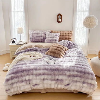 Decobites Velvet Fleece Princess Bedding Set in Pink Purple Grey Gradient, Luxury Duvet Cover & Faux Rabbit Fur