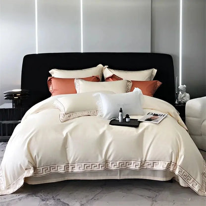 DecorBites™ Gold Embroidery Duvet Set, Black Egyptian Cotton Bedding, 1000TC, Double King Queen