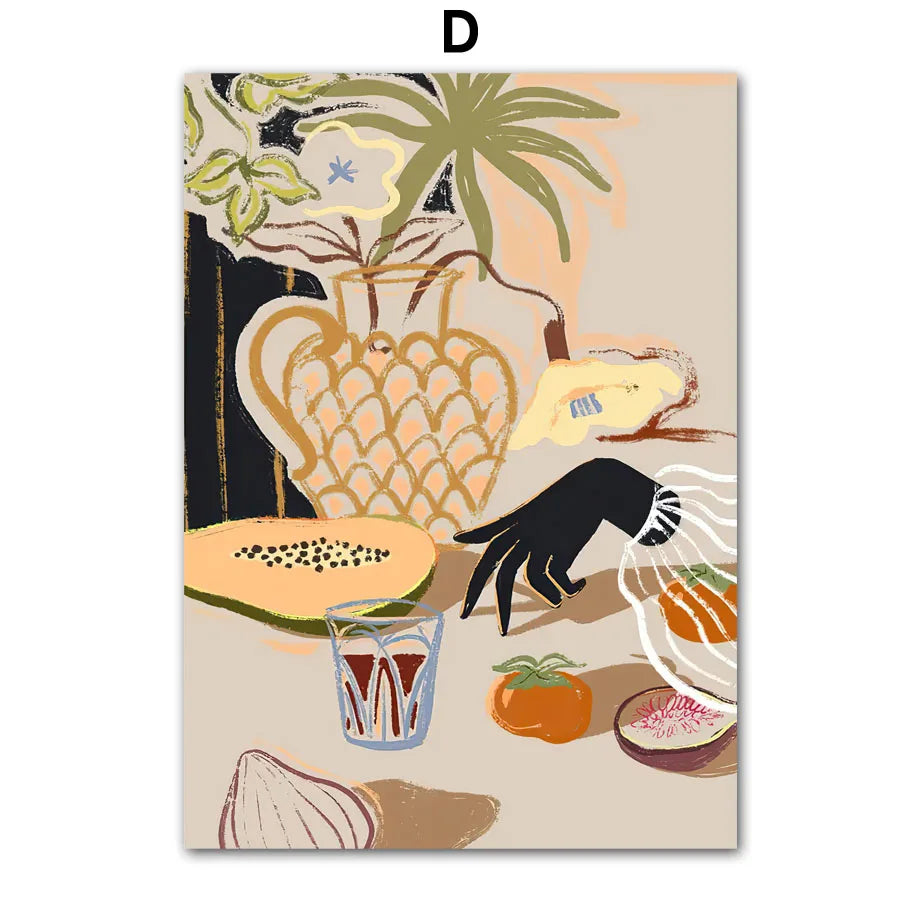 Pintura abstracta de lienzo con diseño de niña, mano, fruta, flor, hoja, jarrón, arte de pared