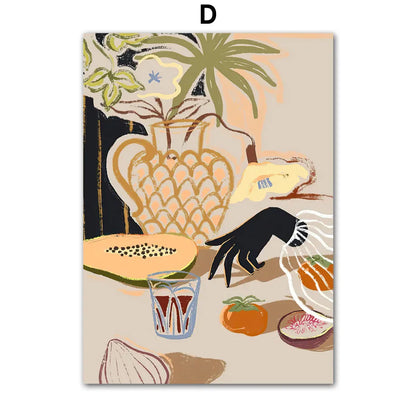 Pintura abstracta de lienzo con diseño de niña, mano, fruta, flor, hoja, jarrón, arte de pared