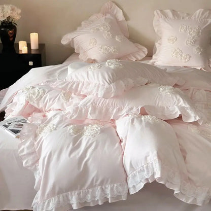 Decobites Pink Flowers Ruffles Princess Wedding Bedding Set - Soft Washed Cotton