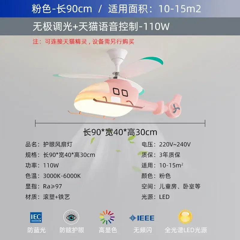 Decorbites™ Ventilador de Techo en Forma de Helicóptero Aeronave Lámpara de Techo Infantil Azul Rosa Luz para Habitación de Niños