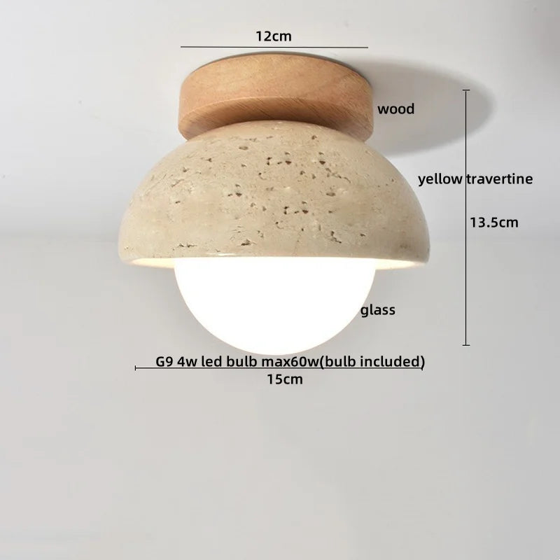 Wood Glass Pendant Light Yellow Travertine Accent