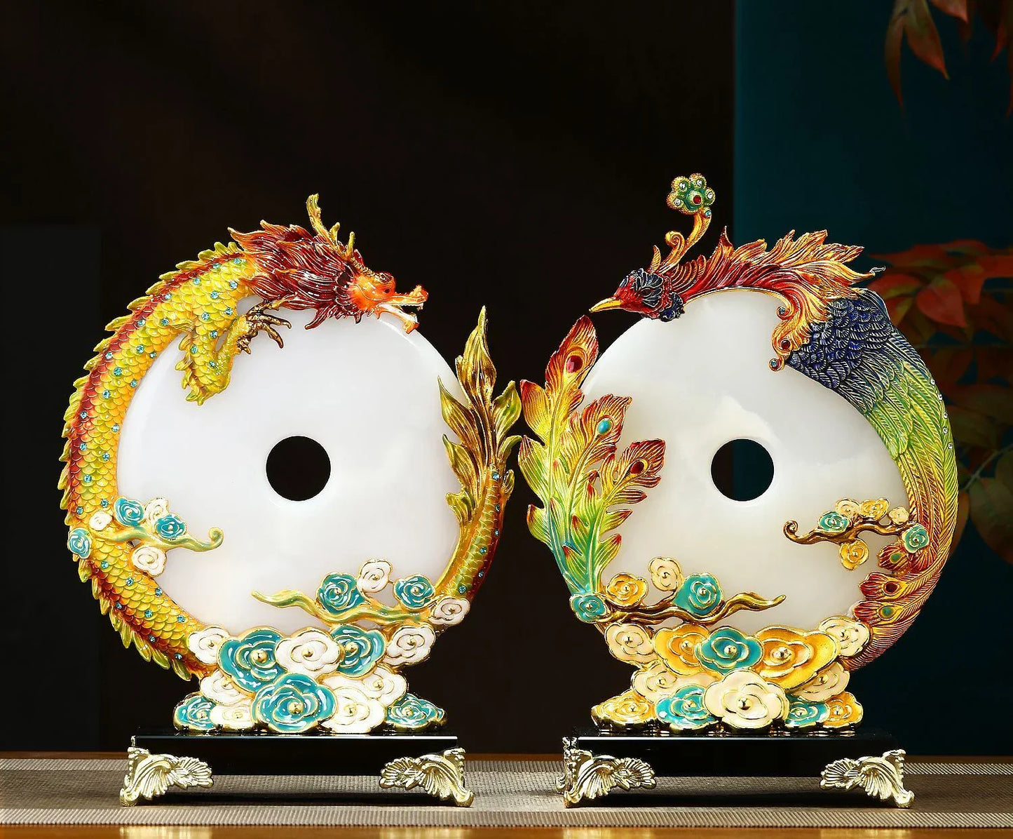 "DecorBites™ Adorno de dragón y fénix de jade, decoración esmaltada para sala de estar"