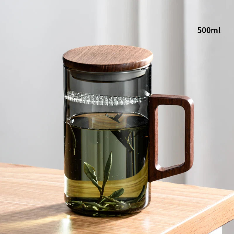 Juego de Tazas de Té de Vidrio Decorbites™ con Asa de Madera y Filtro Lunar