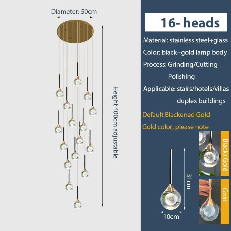 Chandelier de gotas de lluvia de cristal dorado Decorbites™ para escalera y vestíbulo
