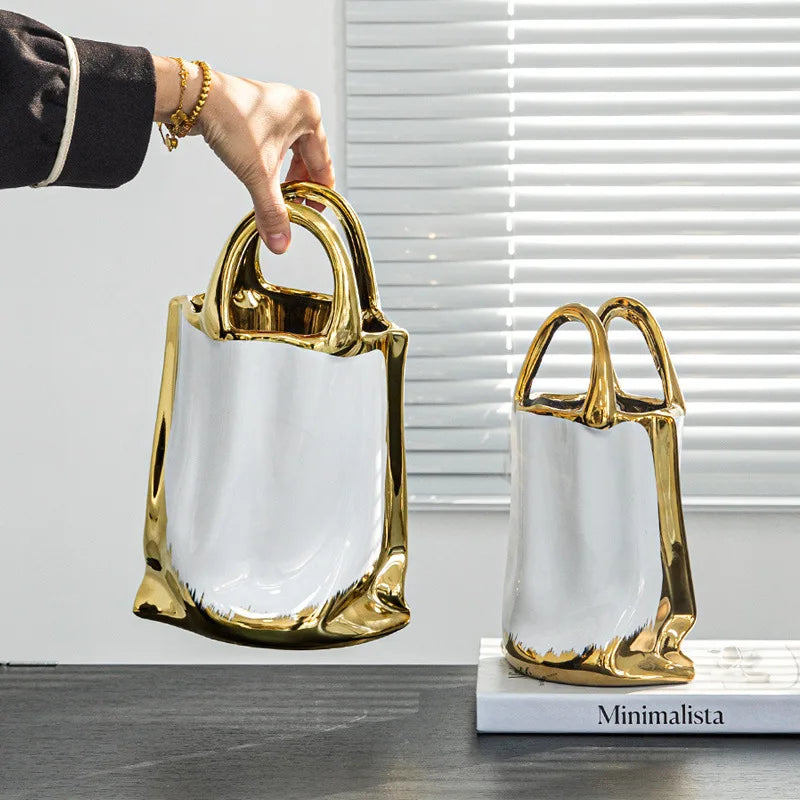 Jarrón Bolso de Oro Decorbites™: Arreglo Floral Cerámico Creativo Terrario para Decoración del Hogar