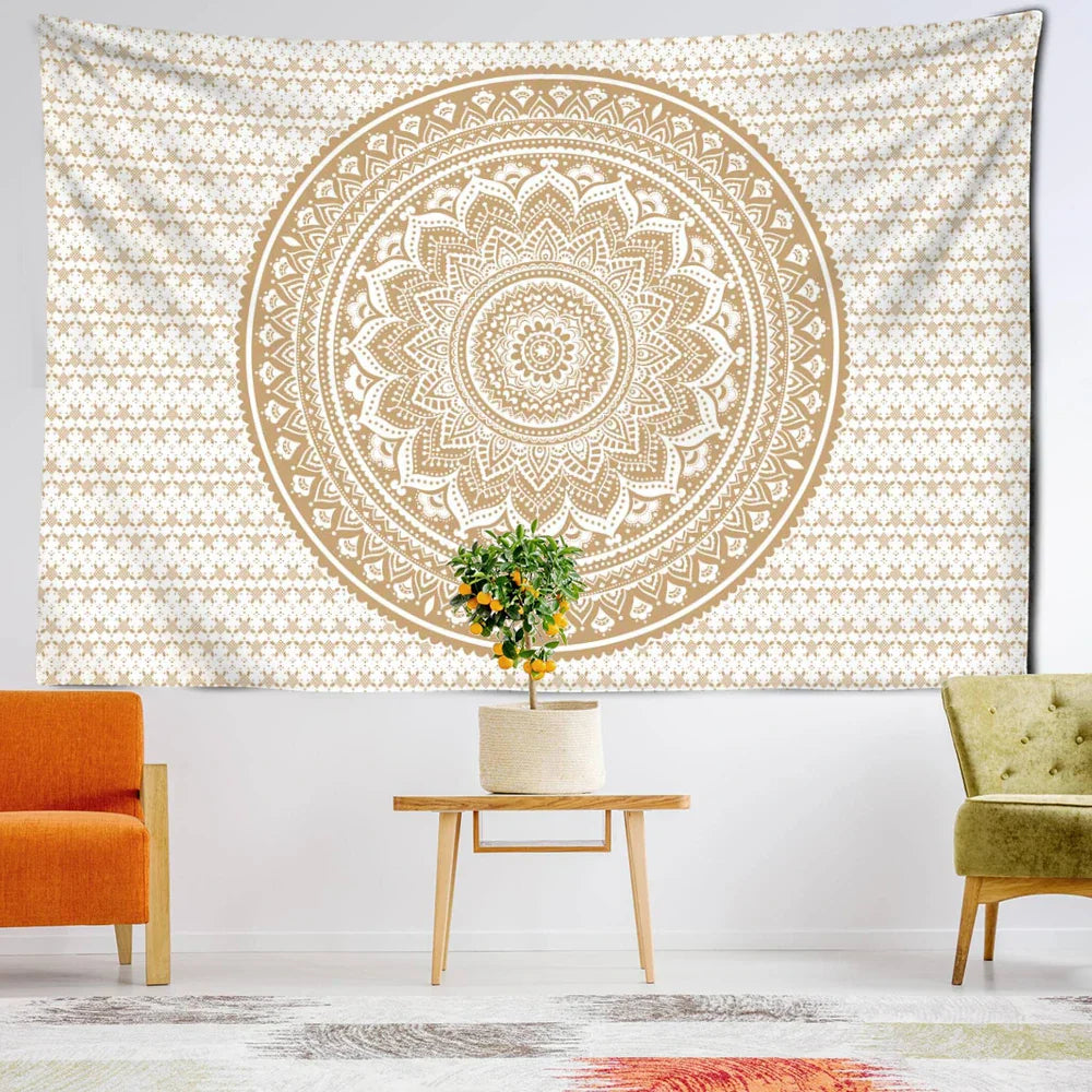 Decobites Light Yellow Mandala Tapestry: Abstract Flowers Psychedelic Art for Home Décor