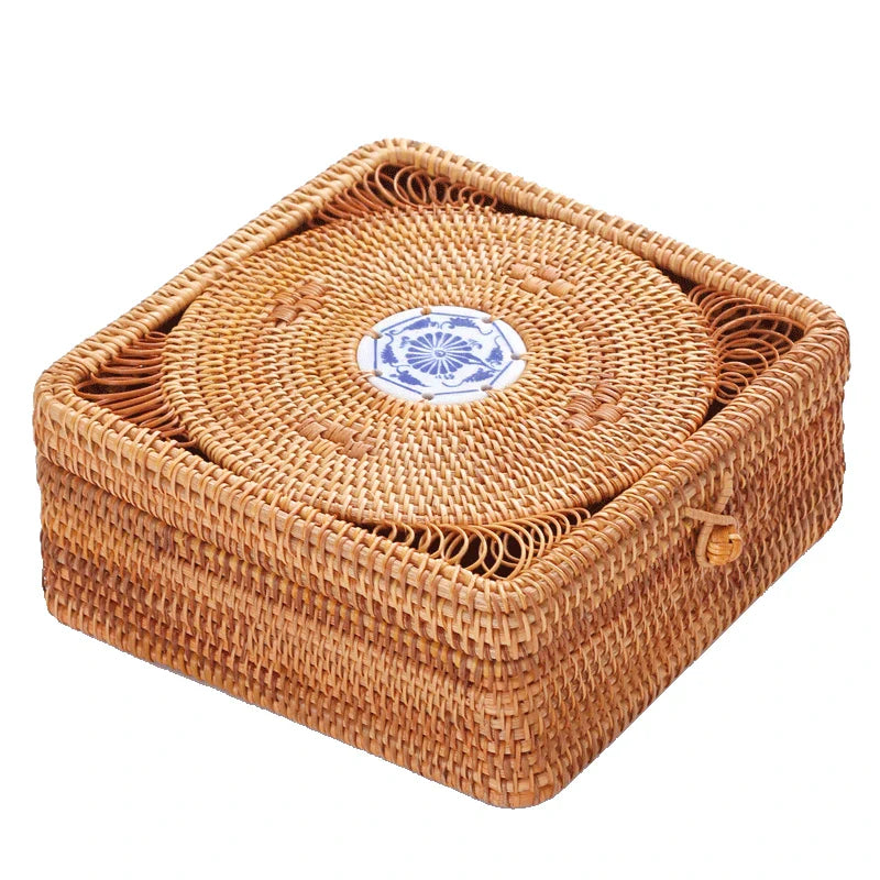 DecorBites™ Handwoven Rattan Storage Box with Lid Chinese Knot Ornament for Kitchen Organization
