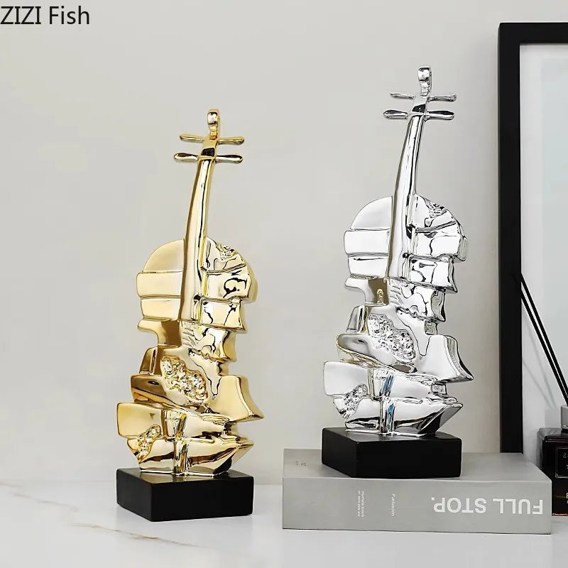 DecorBites™ Golden Violin Sculpture Resin Art Ornament Stack Violin Statue Decor
