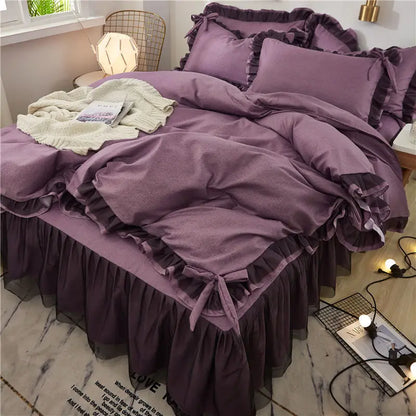 DecorBites™ Korean Bed Skirt Set with Ruffled Edges - Solid, Skin-Friendly Bedding Kit