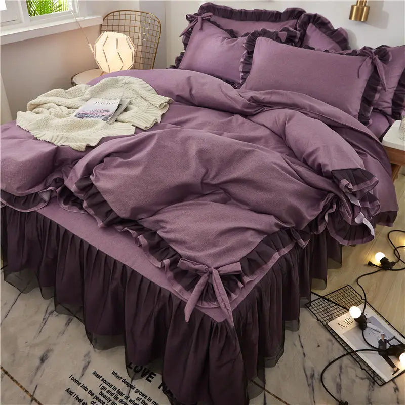 Decorbites™ Korean Bettrocken-Set mit Rüschenkanten – Einfarbig, hautfreundliches Bettwäsche-Set