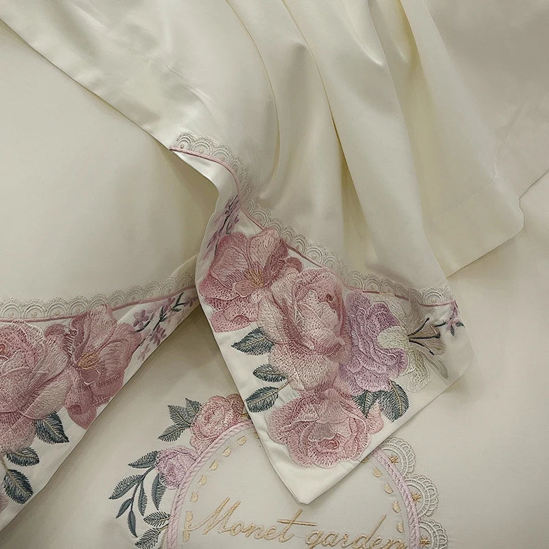 DecorBites™ French Flowers Embroidery Luxury Bedding Set in 1000TC Egyptian Cotton