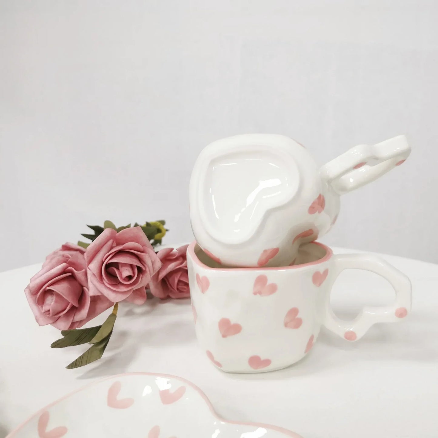 DecorBites™ Hand Painted Heart Handle Ceramic Love Mug - Pink