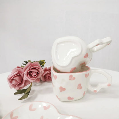 DecorBites™ Hand Painted Heart Handle Ceramic Love Mug - Pink