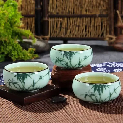 Traditional Celadon Hand-painted Landscape Teacup Ceramic Lotus Bamboo Carp Tea Set Double-fish Chinese Tea Master Cup 80ml