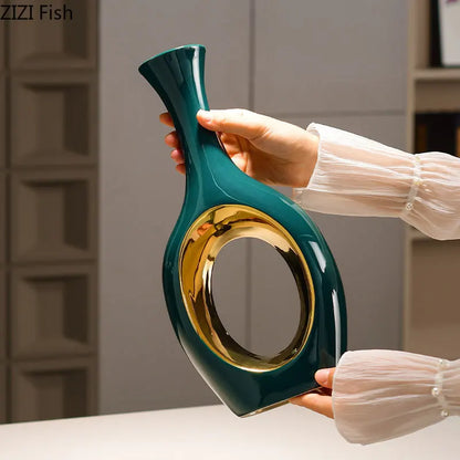 DecorBites™ Gold Ceramic Vase with Artificial Flowers | Table Decoration | Room Aesthetic Decor