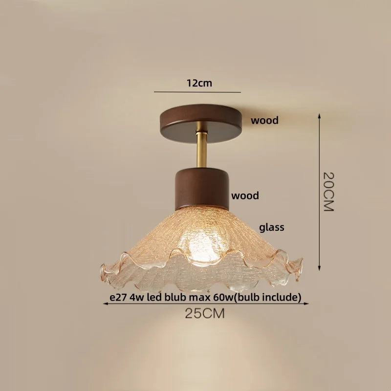 DecorBites™ Amber Glass Wood LED Ceiling Light Fixture for Modern Living Room.