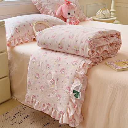 DecorBites™ Korean Cotton Patchwork Quilt with Lace and Ruffle for Summer