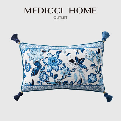 DecorBites™ Chinoiserie Style Blue White Porcelain Birds Floral Lumbar Pillow Case