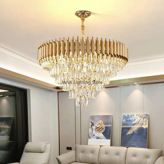 DecorBites™ Gold Crystal LED Pendant Light: Modern Luxury Suspension Lamp for Living Room & Restaurant