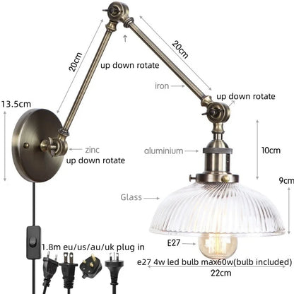 DecorBites™ Industrial Adjustable LED Wall Sconce with Clear Glass Shade